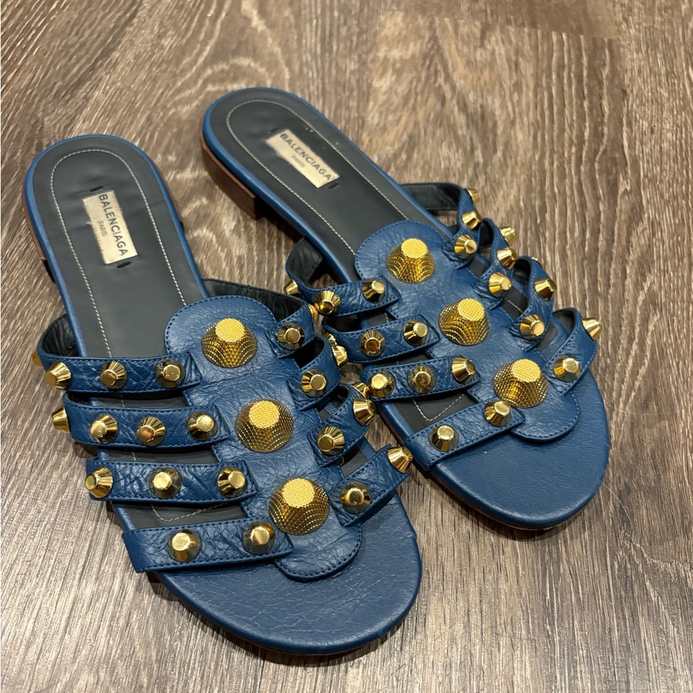 Balenciaga Blue Arena Leather Studded Slides